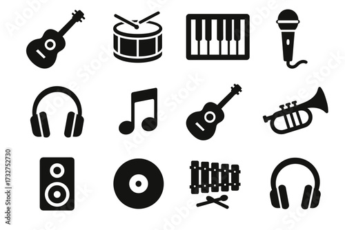 Music icons collection: guitar, drum, microphone, speaker, headphones, trumpet, marimba
