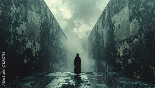 Lone Figure in a Dystopian Concrete Canyon.