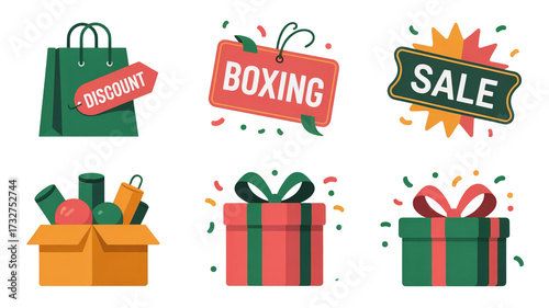 Flat vector set of Boxing Day and Christmas sale icons

