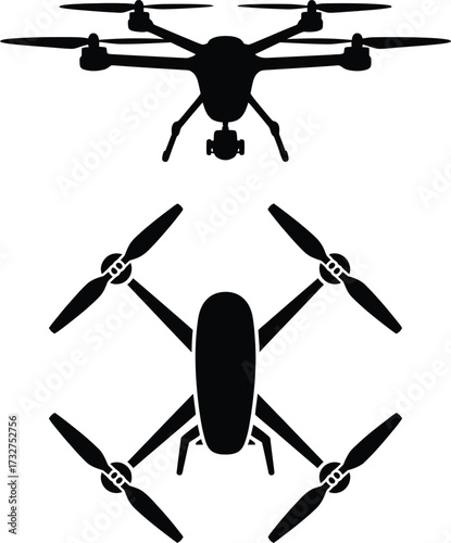Two silhouettes of quadcopter drones showing top and bottom views isolated on white