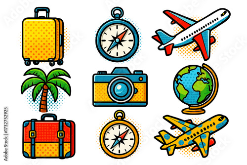 Colorful travel icons including compass, airplane, and luggage designs