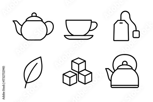 Tea essentials: teapot, cup, teabag, leaf, sugar cubes, kettle icons