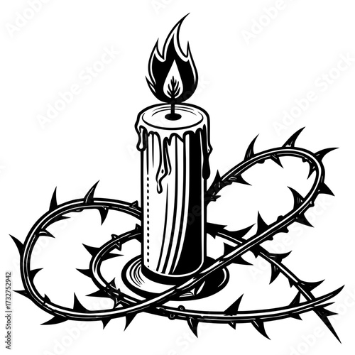 Burning candle encircled by a thorny vine in a black and white illustration style evoking themes of hope pain and resilience