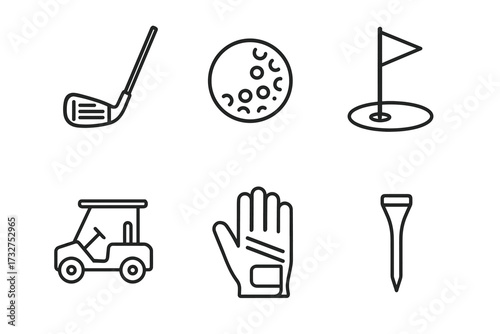 Golf equipment icons: club, ball, flag, cart, glove, tee