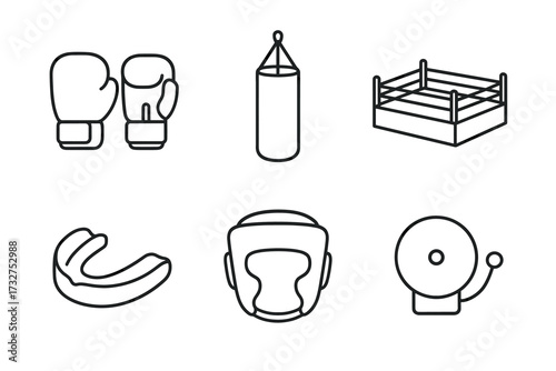 Boxing gear icons set: gloves, punching bag, ring, mouthguard, helmet, bell