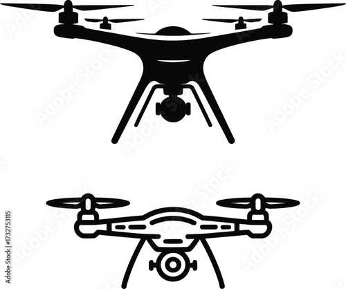 Modern quadcopter drone silhouette and outline icons for aerial photography and technology concepts