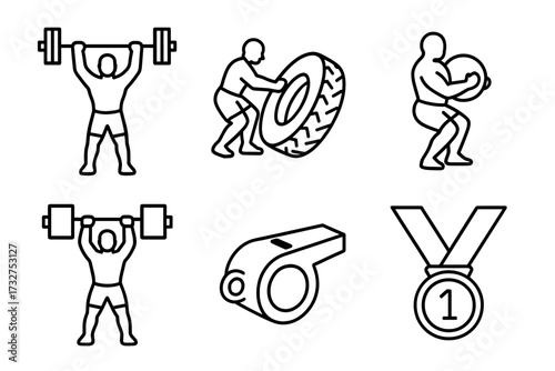 Powerlifting icons: male figures lifting weights and tire, whistle, medal