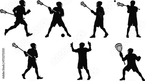 Silhouettes of dynamic lacrosse players in various action poses, including running, passing, and celebrating, a vector illustration for sports and competition