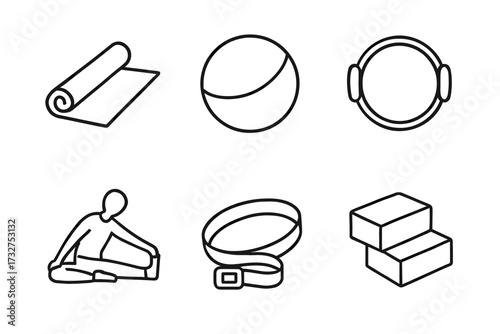 Yoga equipment icons featuring mat, ball, wheel, strap, blocks, and pose illustration
