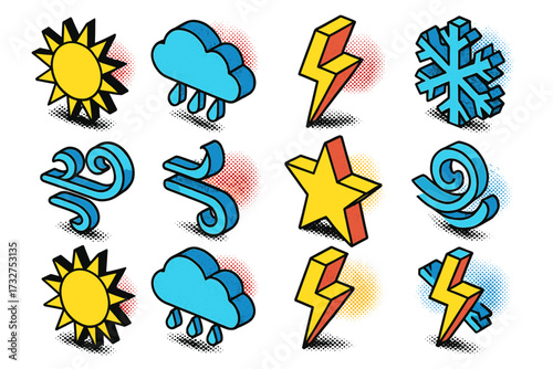 Colorful comic-style weather icons featuring sun, cloud, lightning, and wind