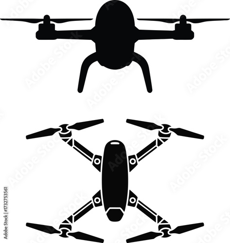 Silhouettes of two drones aerial vehicle technology flying machine quadcopter gadget