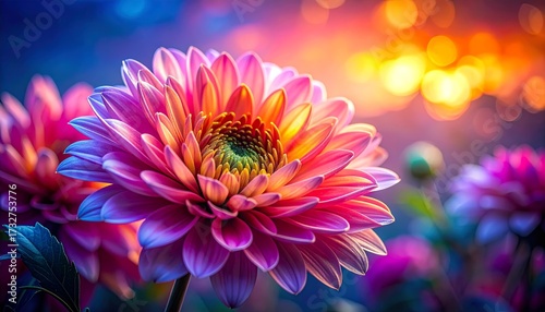 Vibrant Pink and Orange Dahlia Flower in a Dreamy Garden at Sunset.
