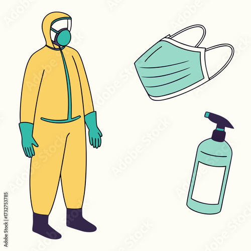 Hazmat suit worker with mask and sanitizer for cleaning and protection, ideal for healthcare campaigns and safety protocols in vector format