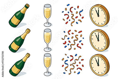 Champagne celebration with confetti and midnight clocks