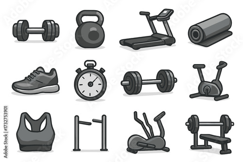 Collection of gray gym equipment: dumbbells, treadmill, kettlebell, exercise bike, stopwatch
