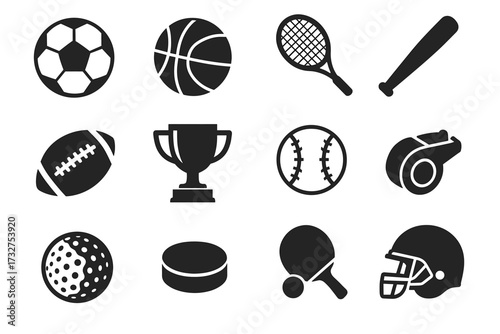 Set of black sports icons including ball, trophy, helmet, and racket