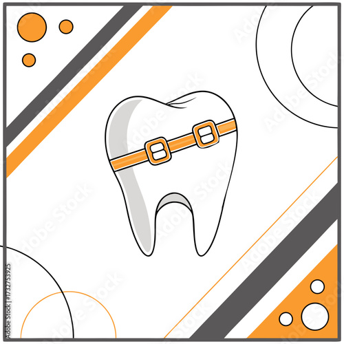 Animated tooth wearing braces symbol representing dental care and orthodontic treatment with modern graphic design elements