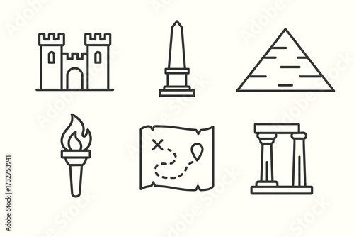 Historical symbols: castle, obelisk, pyramid, torch, map, pillars - line art icons