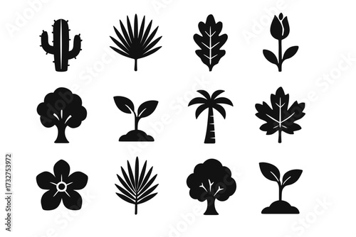 Silhouette icons of various trees and plants in black
