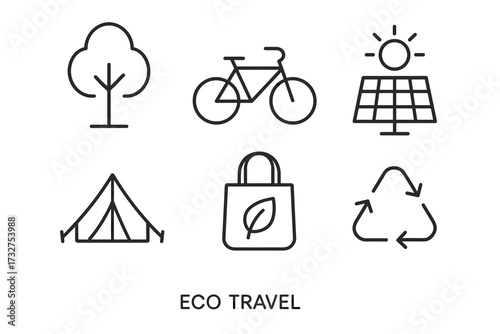 Eco travel icons: bicycle, solar panel, tree, tent, recycle, eco bag