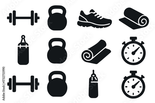 Fitness icons set: dumbbells, kettlebells, shoe, yoga mat, punching bag, stopwatch