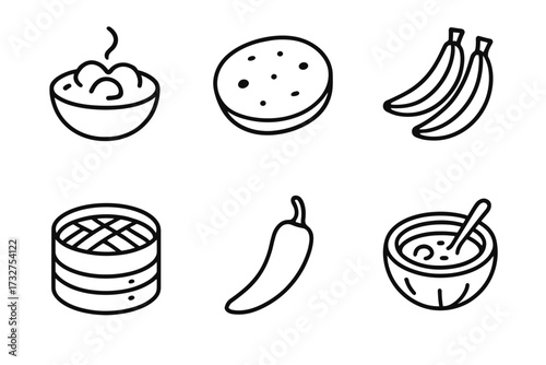 Line art icons of diverse foods: noodles, bread, bananas, dim sum, chili, soup
