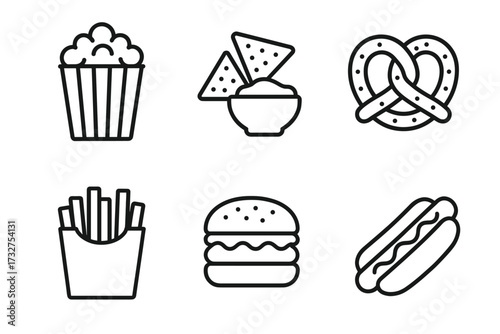Outline icons of popular snack foods: popcorn, nachos, pretzel, fries, burger, hot dog