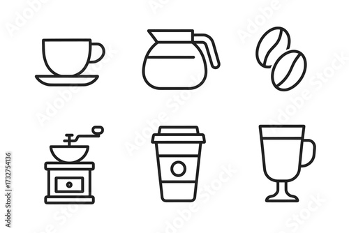 Coffee essentials: icon set featuring cups, beans, grinder, and french press