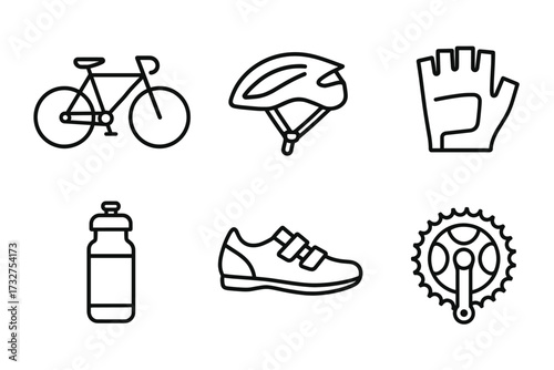 Cycling essentials: bicycle, helmet, gloves, bottle, shoes, gear icon set