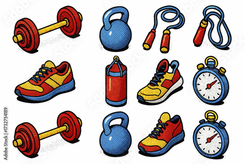 Colorful pop art fitness equipment: dumbbells, kettlebells, shoes, stopwatch, jump rope
