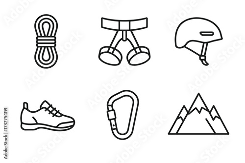 Essential rock climbing gear: rope, harness, helmet, shoe, carabiner, mountain icon set