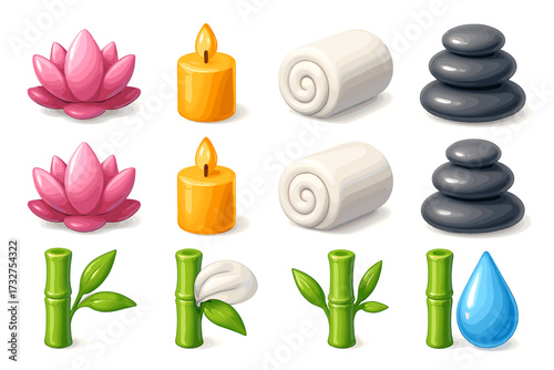 Wellness icons: lotus, candle, towel, stones, bamboo, water drop