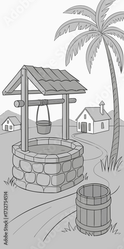 Serene countryside scene featuring a water well palm tree and quaint houses under a bright sky in a peaceful rural setting