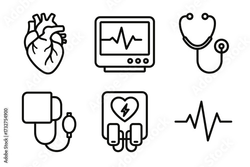Medical icons set: heart, monitor, stethoscope, blood pressure, defibrillator, ecg line