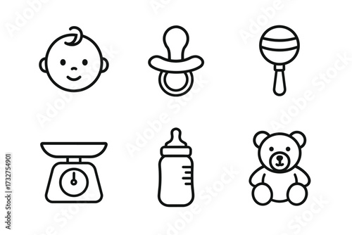 Set of simple baby line icons including pacifier and teddy bear
