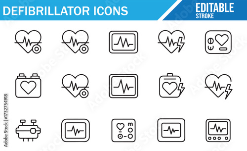 Medical Defibrillator Icon Collection – ECG, Pads, Shock, CPR, Lifesaving Set