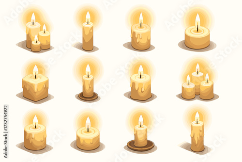 Collection of various candle designs with warm glowing flames