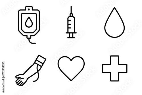 Medical icons: blood bag, syringe, drop, arm, heart, cross symbols