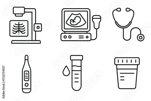 Medical equipment icons: x-ray, ultrasound, stethoscope, thermometer, test tube, container