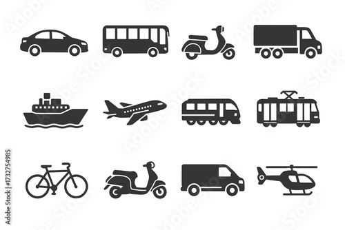 Silhouette icons of various transportation vehicles and modes