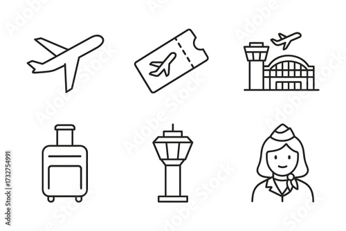 Airport travel icons: airplane, ticket, terminal, luggage, control tower, stewardess