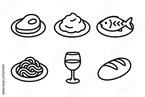Black and white food icons: steak, mashed potatoes, fish, pasta, wine, bread