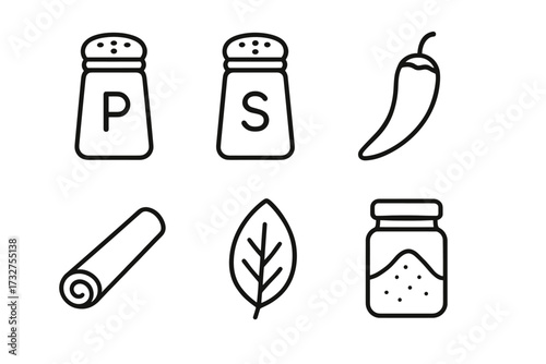 Spice and herb icons: salt, pepper, chili, cinnamon, bay leaf, seasoning jar
