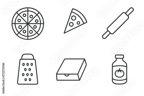 Pizza and cooking utensils icons: pizza, slice, rolling pin, grater, box, sauce