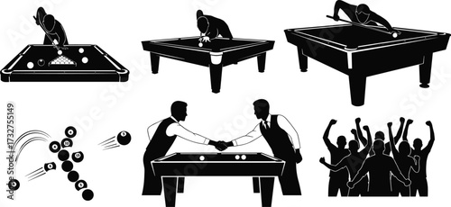 Silhouettes of people playing pool and billiards, including shots, celebrating, and handshakes for sports and recreation themes