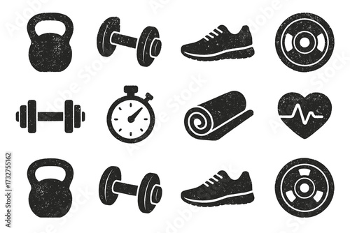 Fitness icons: kettlebell, dumbbell, sneakers, stopwatch, yoga mat, heartbeat, weights