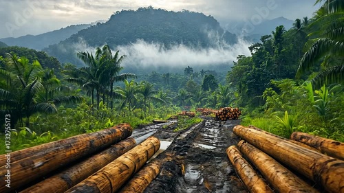 Aerial view of a muddy road with cut logs in a rainforest, highlighting deforestation.