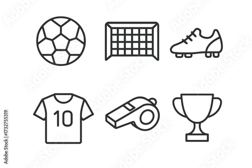 Soccer equipment icons: ball, goal, shoe, jersey, whistle, trophy