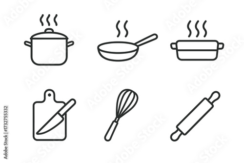 Cooking utensil icons: pot, pan, baking dish, cutting board, whisk, rolling pin
