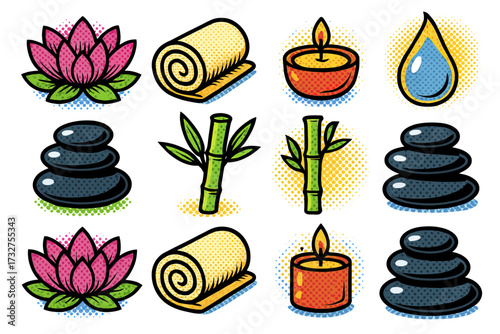 Spa elements pop art: lotus, candle, bamboo, stones, towel, water drop